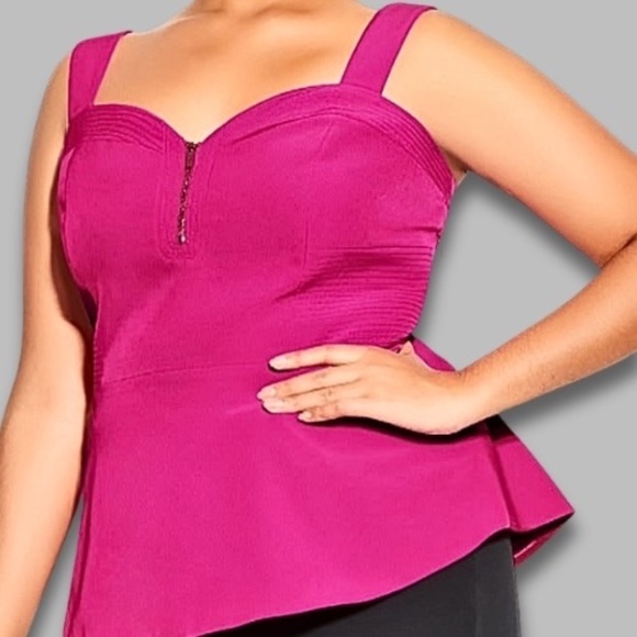 City Chic Peplum Top Front Zipper Wide Straps Ribbed Panel Hot Pink Women’s L/20 - Picture 1 of 5